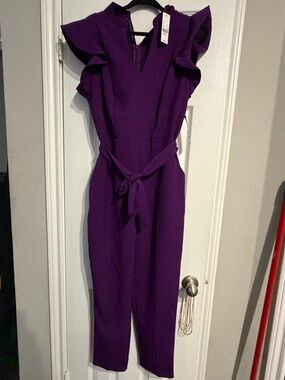 New York & Company Purple Ruffle-Sleeve Jumpsuit with Tie Waist